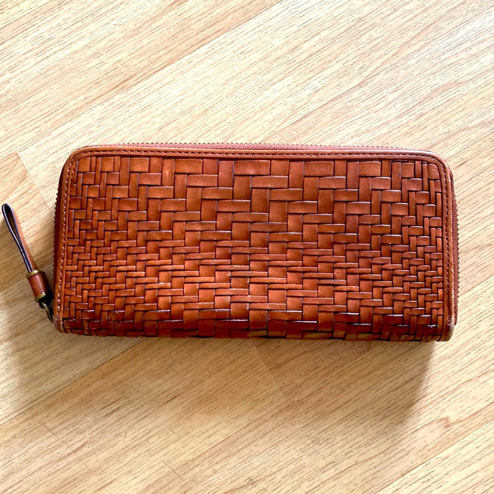 Cole Haan Cognac Genevieve Optic Woven Leather Zippy Wallet